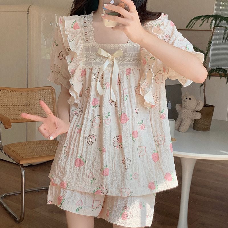 Live Broadcast Summer Short Sleeve Lace Bubble Wrinkle Pajamas Cartoon Sweet Pullover Home Clothes Female Outwear_voghion.com