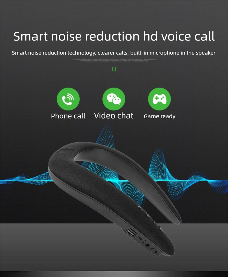 Altavoz Bluetooth estéreo 3D con banda para el cuello, para juegos, llamadas, entretenimiento, portátil, nuevo altavoz inalámbrico inteligente negro_voghion.com