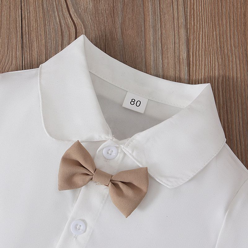 Mother & Kids Boys summer gentleman suit short-sleeved shirt bow tie collar + suspender shorts + hat three-piece children's clothing ins_voghion.com