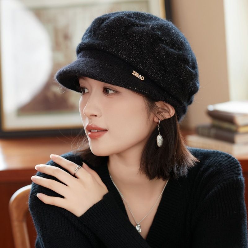 Rabbit Fur Blend Knitted Earflap For Women, Elegant Stylish Autumn And Winter Woolen Duckbill Cap, Face Slimming_voghion.com