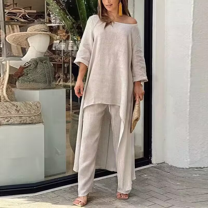 Vêtements pour femmes en coton et lin, mode décontractée, grande taille, costume irrégulier à manches longues, pantalon à jambes larges, ensemble deux pièces_voghion.com