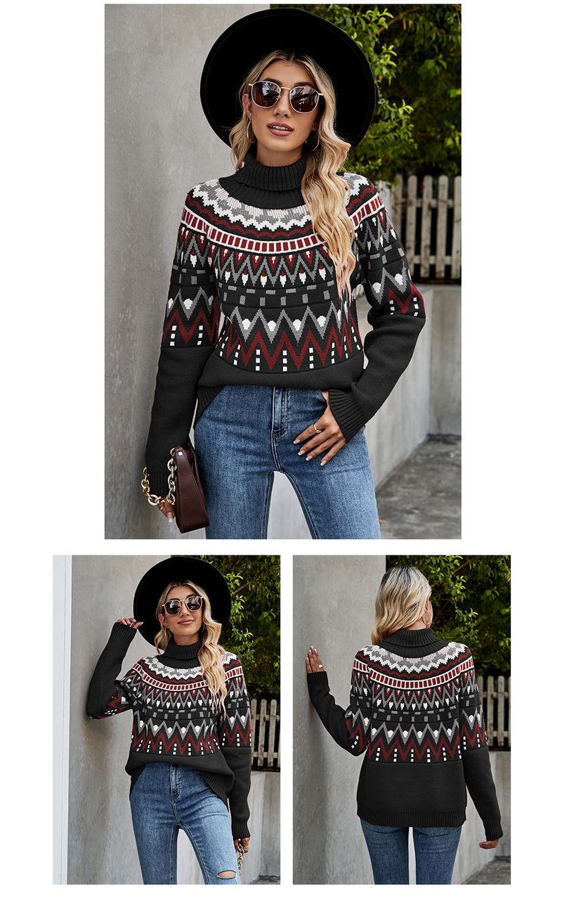 Women's vintage striped patchwork color sweater Halloween turtleneck sweater_voghion.com