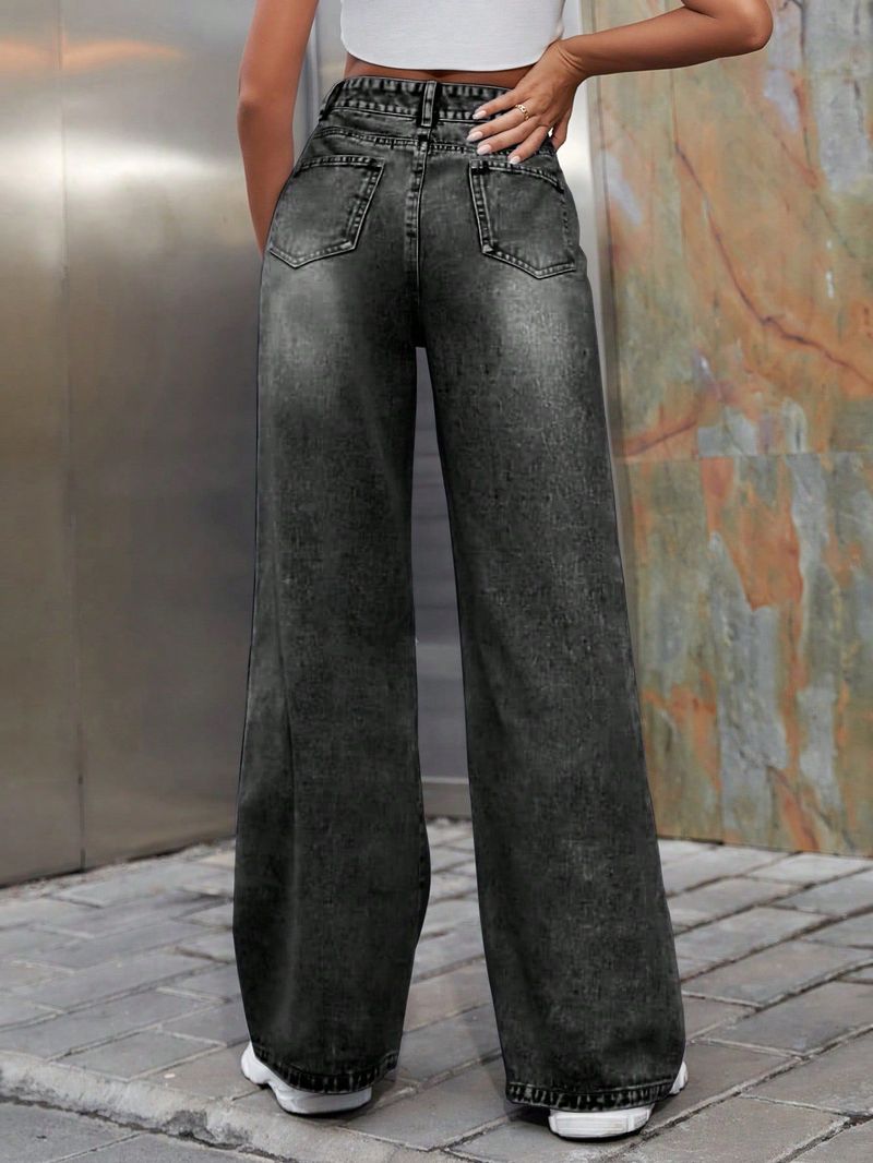 Grænseoverskridende dametøj europæisk og amerikansk INS mode hul højtaljede brede benbukser afslappet denim lang_voghion.com