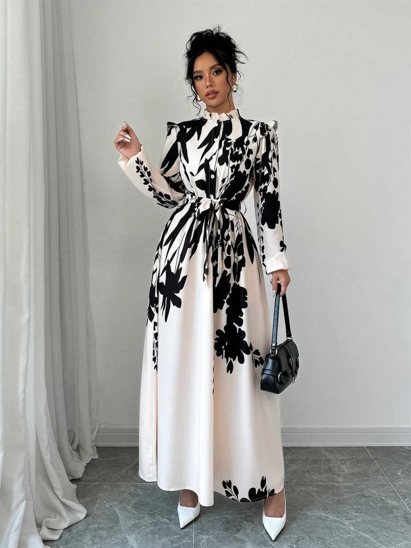 Dameskleding dames bloemen taille lange mouw A-lijn jurk voorkant knoop taille print lange rok_voghion.com