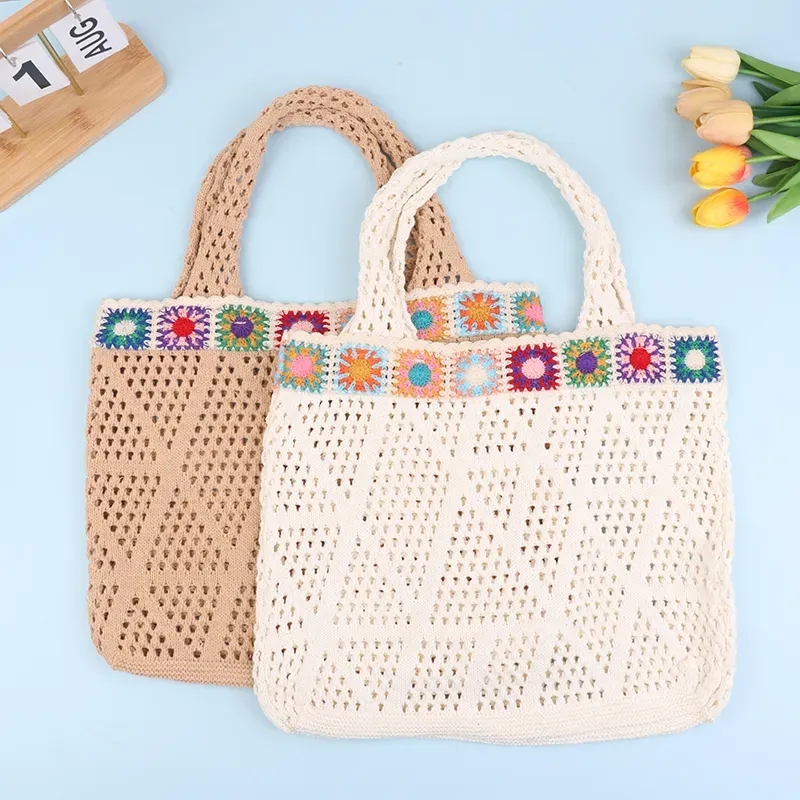 Bolsa de compras de crochê com flor, estilo hobo, para o verão, com alça de ombro em tricô, ideal para viagens e férias._voghion.com