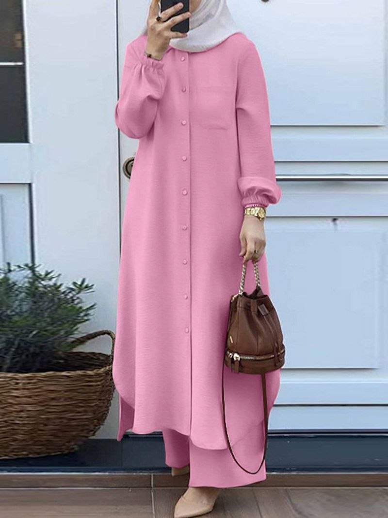 Elegante completo arabo: top ricamato e pantaloni larghi e fluidi (7 colori) | Completo da donna musulmana sobrio e versatile_voghion.com