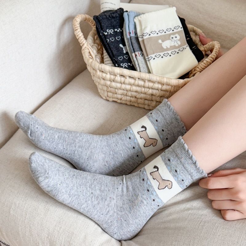 Women's 2025 Fall/Winter New Pure Cotton Gray-Blue Color-Blocked Knee-High Socks_voghion.com