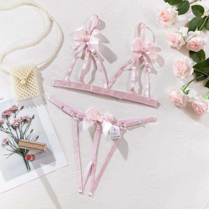 Set di due pezzi di biancheria intima sexy con fiocco in tinta unita, aperto sul cavallo e sul seno, nuovo ed europeo, con seno scoperto_voghion.com