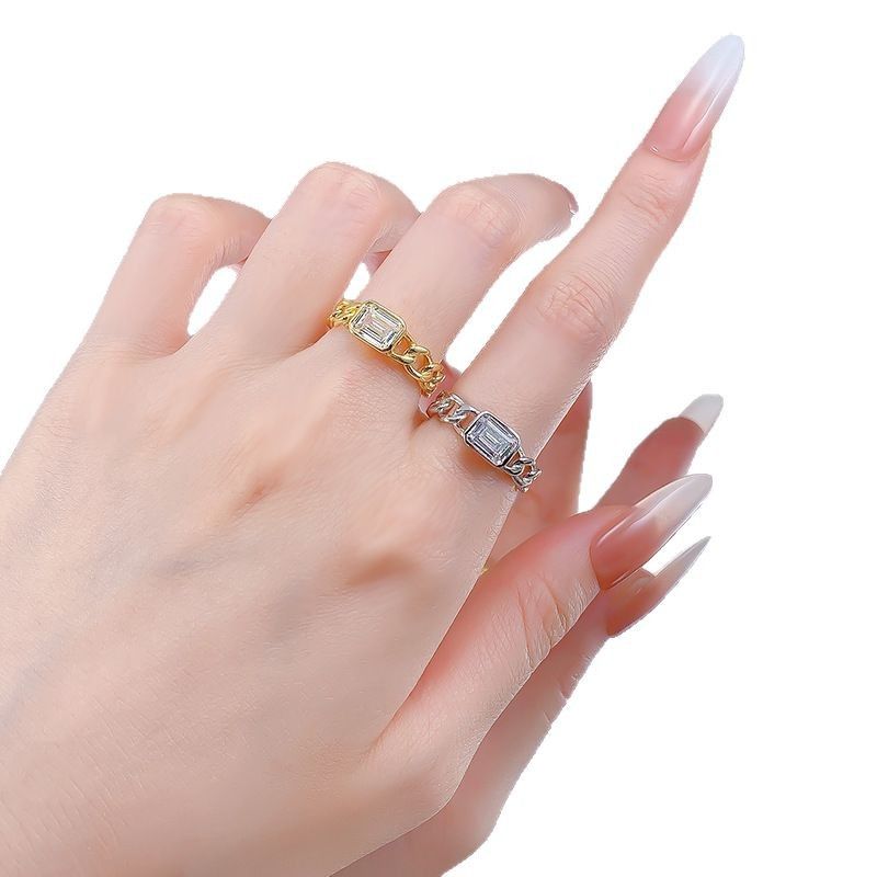 Mujing Jewelry S Argento 5*7 Zirconi cubici Anello color oro cubano Catena personalità cava Trasmissione in diretta_voghion.com