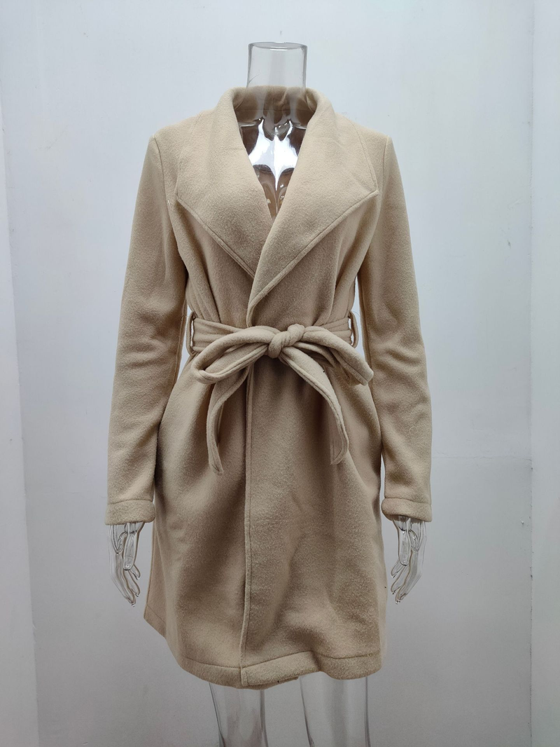 Modischer Damenmantel aus massiver Wolle mit Revers und Schnürung_voghion.com