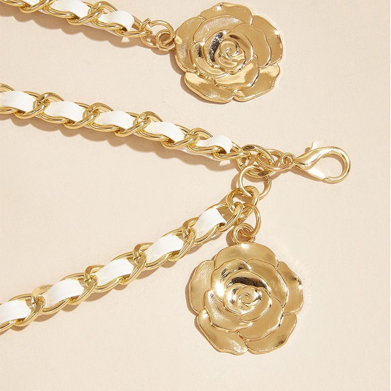 Ins Metal Waist Chain with Three Camellia Women's Chains Adjustable Elastic and Tight Small Waist Accessories High Grade Pant Chain_voghion.com