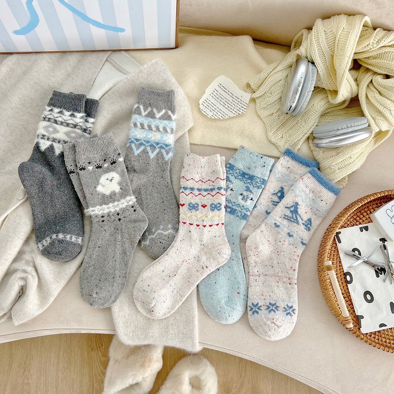 001 001 Vintage Fair Isle Puppy Wool For Women, Autumn And Winter Thickened Warm Gray Mid-Calf Socks, Cute Fuzzy Slouch Socks_voghion.com