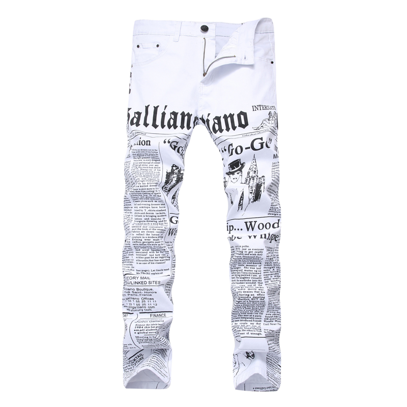 Men's White Printed Jeans Letter English Printed Elastic Slim Fit Casual Men's Pants Abroad_voghion.com