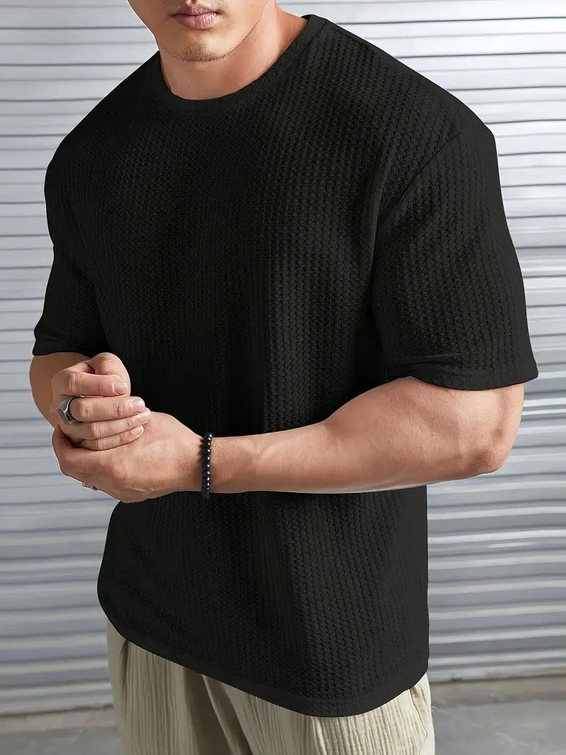 Maglietta da uomo a maniche corte in maglia a girocollo in jacquard tinta unita modello Xiyi Cross Border_voghion.com