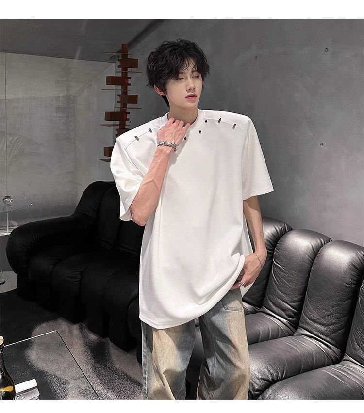 American High Street Short T-Shirt For Men Summer Trendy Loose Fit High-End Feel Padded Shoulder Versatile Five-Quarter_voghion.com