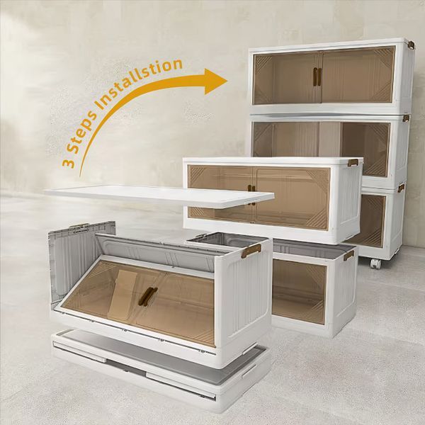 292 QT 25.6 Inch Wide Clear Door Foldable Storage Box – 3-Tier Large Capacity Organizer, Easy Access, Space-Saving Foldable Design_voghion.com