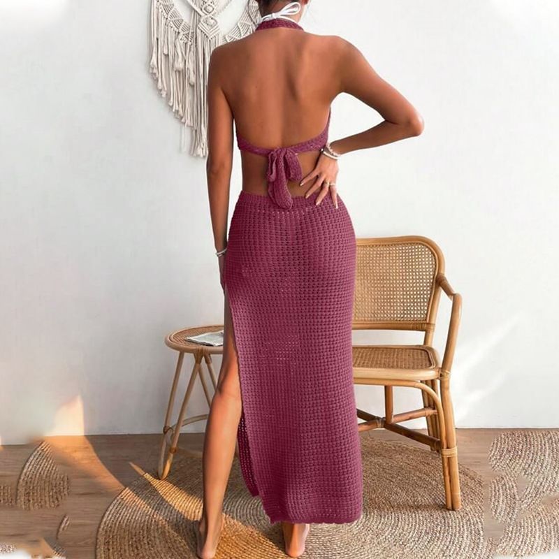 Vêtements pour femmes, nouvelle jupe de plage d'été pour femmes, couleur unie, sexy, tricotée, ajourée, robe de plage, cache-maillot de bain_voghion.com