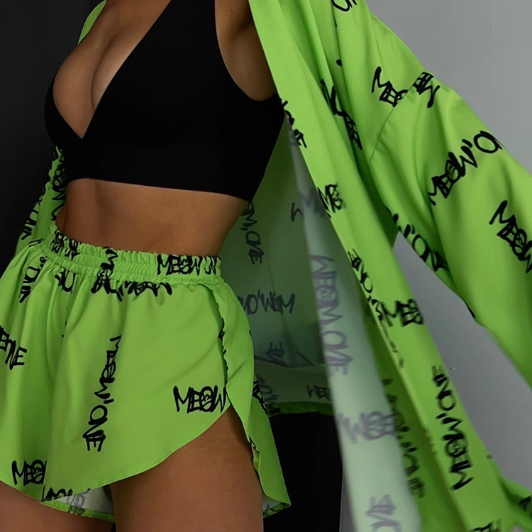 Kadınların gündelik bağcıklı uzun kollu pijama yüksek bel şortları ev kıyafetlerine uygun_voghion.com