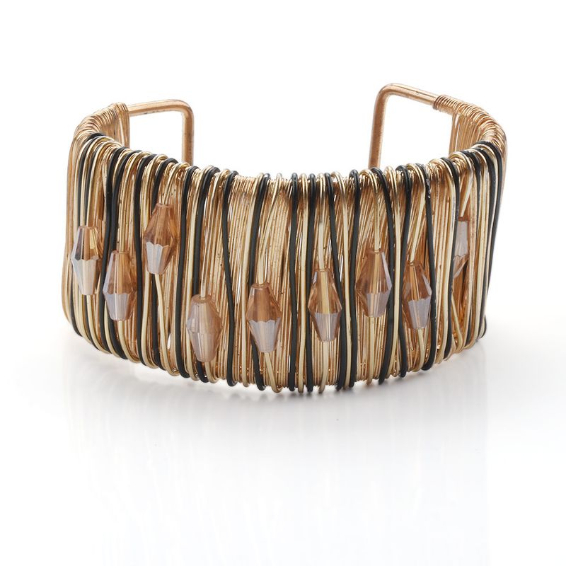Handmade Wire Wrapped Exaggerated Jewelry For Women Hollow Out Inlaid Diamond Strip Metal Bohemian Style Bracelet_voghion.com