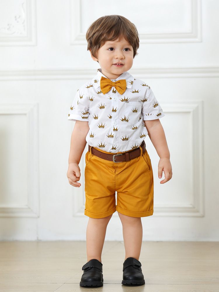 Vestido de caballero infantil, ropa de bebé niño y niño, conjunto de pantalón corto de manga corta con estampado de corona_voghion.com