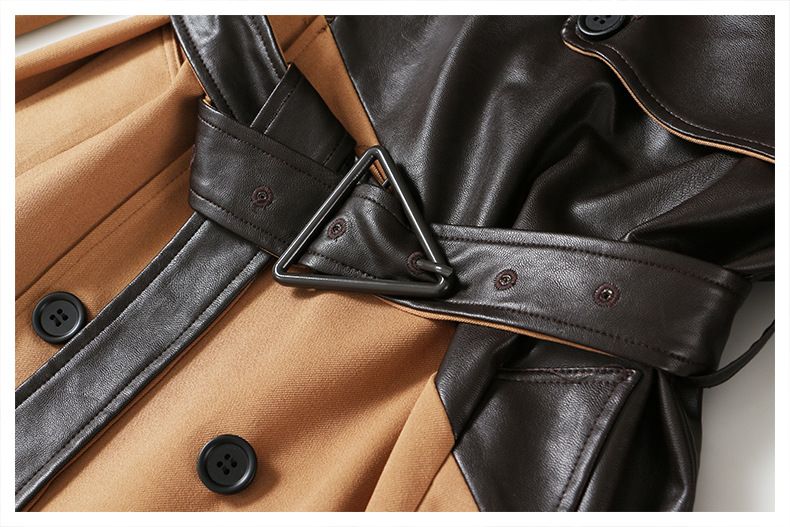 Women's Clothing Spliced Leather Trench Coat Women's Long Style Temperament Over Knee Lace up Waist Khaki Color Splicing Temperament 1396_voghion.com