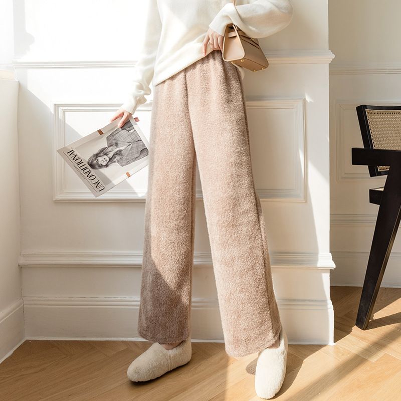 Pantalon évasé en tricot crème pour femme - Pantalon d'hiver taille haute, jambe large et doublé polaire, pour un usage décontracté et professionnel._voghion.com