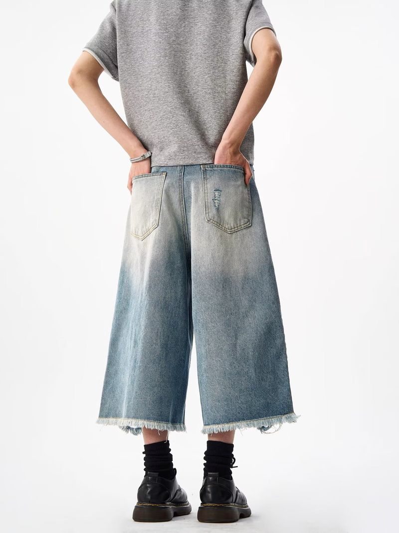 Pantaloncini in denim effetto consumato da uomo con rivetti e lavaggio a fulmini – Jeans casual alla moda, lunghezza 7/5, per l'estate (blu)_voghion.com