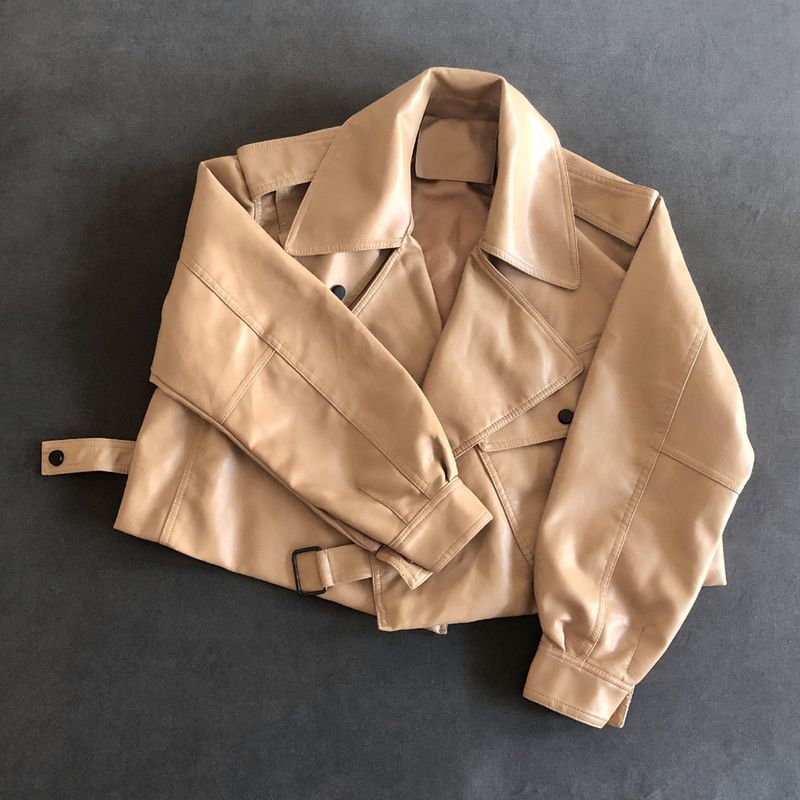 Women's Loose Fit Short Turn-Down Collar PU Jacket 2024 Autumn New Korean Style Motorcycle Leather Coat_voghion.com