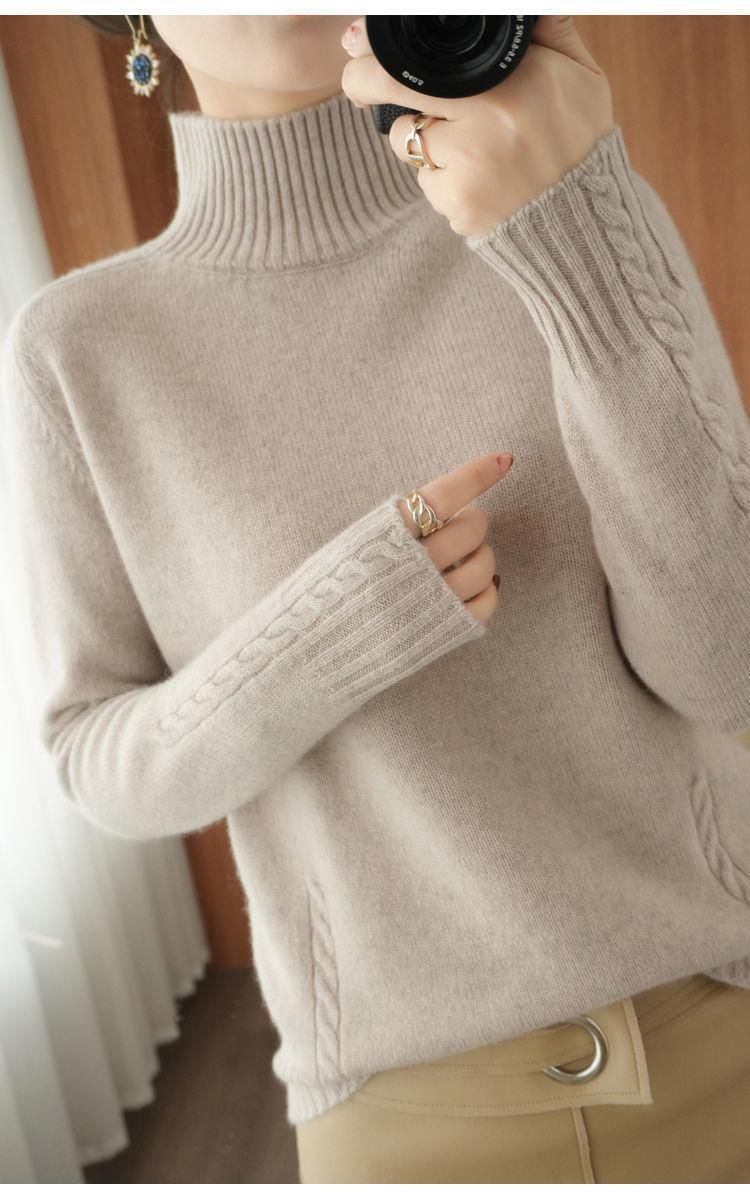 【 Cashmere Family 】 Autumn and winter pullover semi high neck short wool base women's thick knit sweater inner layer_voghion.com