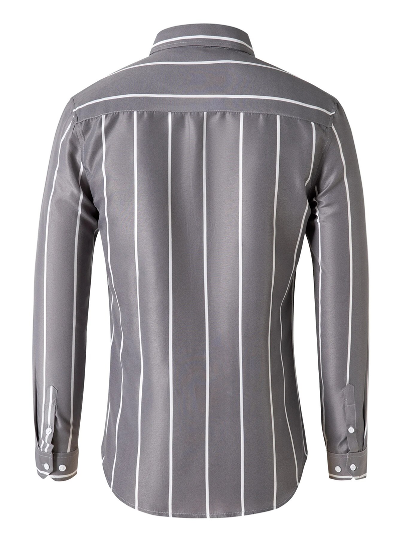 Camicia da uomo a maniche lunghe a righe larghe slim fit casual moda nero bianco top_voghion.com