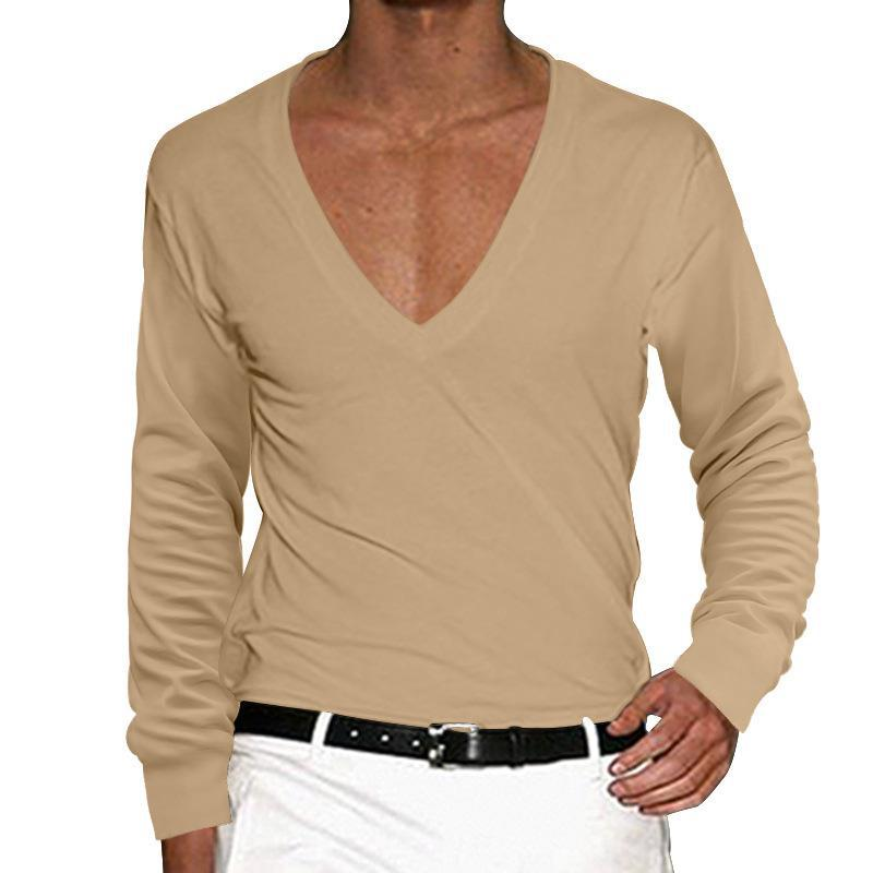 new long-sleeved t-shirt men's spring and autumn large V-neck solid color slim thin section casual t-shirt top_voghion.com