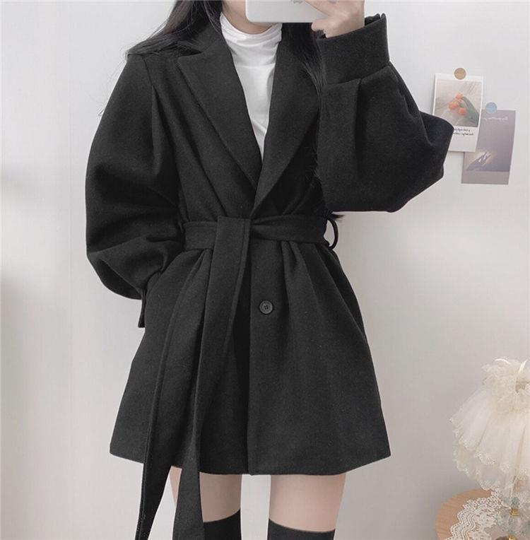 Hepburn estilo casaco de lã preto para mulher outono e inverno 2023 nova cintura pequena engrossado casaco de lã de comprimento médio_voghion.com