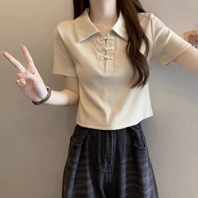 New buckle Chinese style sleeved T-shirt for women in summer 2024, covering the belly and showing off thinness, short_voghion.com