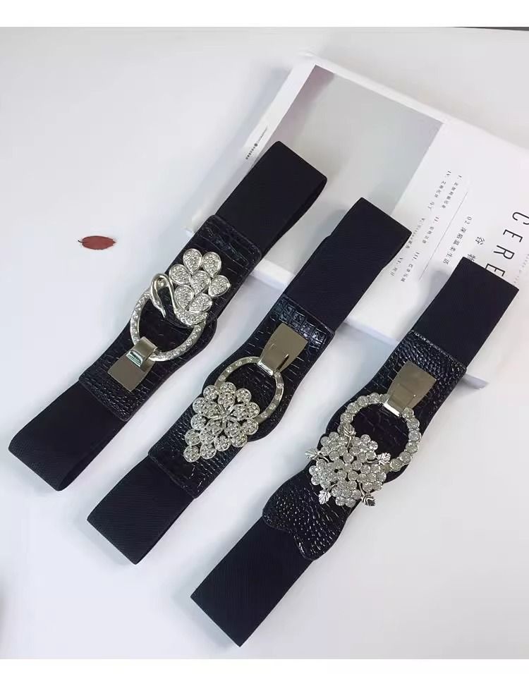 Einfacher, vielseitiger, mit Strass verzierter, elastischer, breiter Gürtel für Damenmode_voghion.com