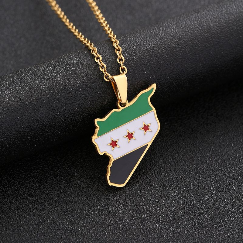 Stainless Steel Corrosion Dripping Oil Syria By Military Map And Flag Pendant Men's Retro Necklace_voghion.com