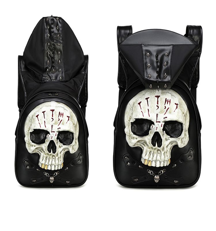 Zaino unisex in pelle PU con cappello personalizzato con teschio stereoscopico 3D per Halloween_voghion.com
