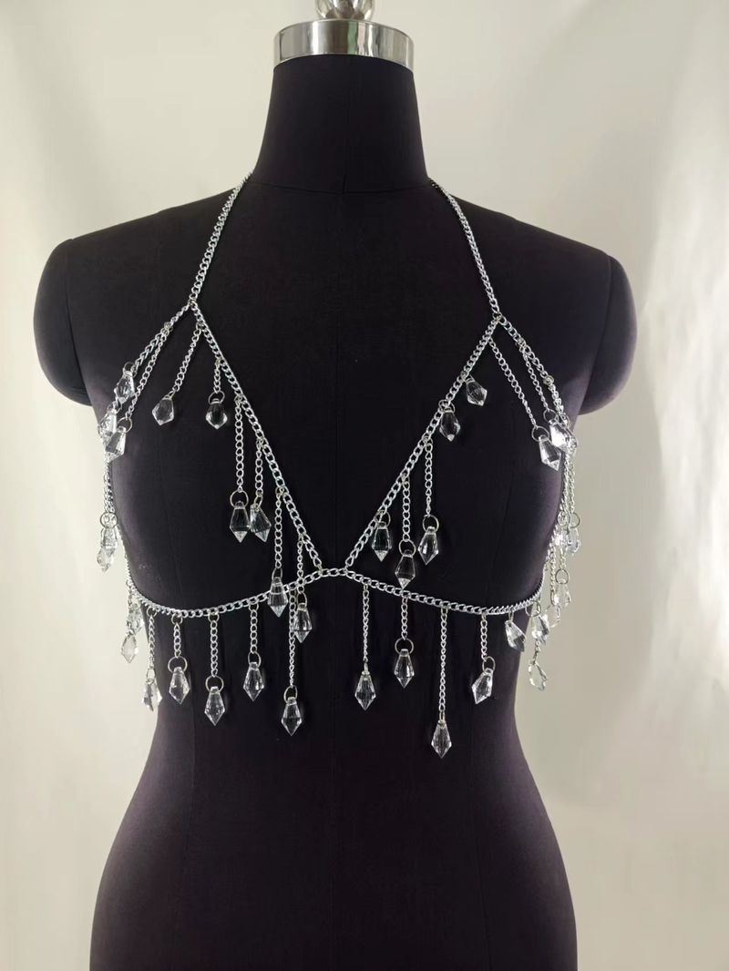 Klarer Kristall-Edelstein-Anhänger, Fransenkette, Brustkette, Taillenkette, kombinierte Körperkette_voghion.com