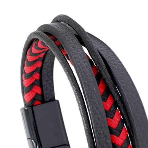 Bracciale in pelle intrecciata nera e rossa multistrato personalizzato per uomo in PU_voghion.com