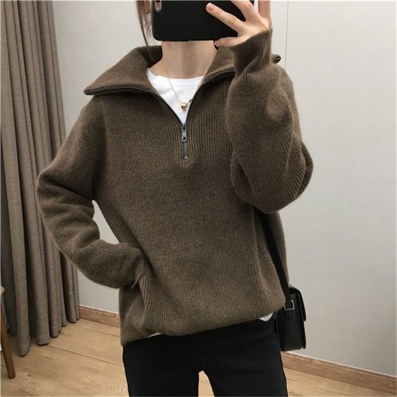 Cozy Oversized Zip-front Knit Sweater For Women - Lazy Chic Pullover With Stand Collar In Solid Colors (Gray, Beige, Coffee, Black, Blue, Oatmeal)_voghion.com