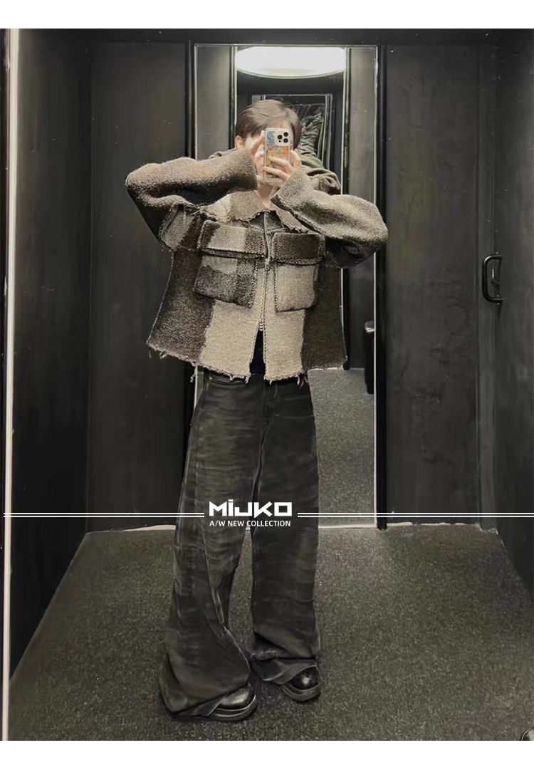 men's and women's washed distressed trousers, the same style for men and women, high street texture couple water rippled bootcut jeans_voghion.com