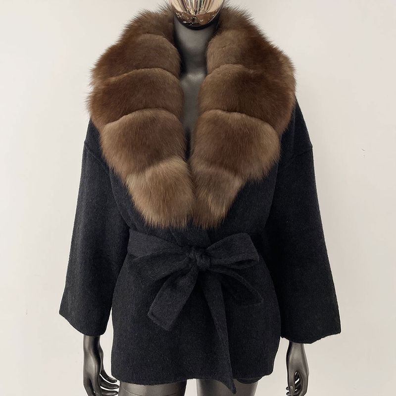 Kurzer Wollmantel für Damen mit Fuchspelzkragen – doppelseitige, übergroße Trenchcoatjacke, lässige, elegante Oberbekleidung, Winterblazer mit Gürtel (S/M)_voghion.com