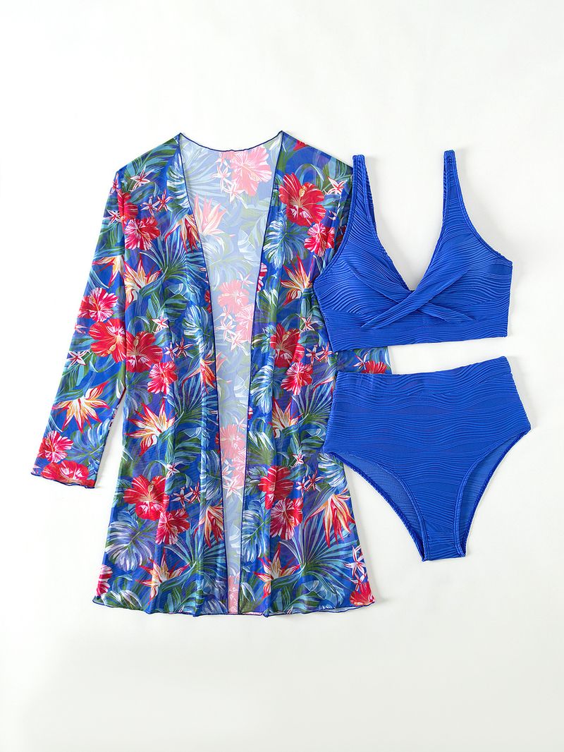 costume da bagno in tre pezzi diviso da donna a maniche lunghe bikini celebrità di Internet a vita alta tinta unita_voghion.com
