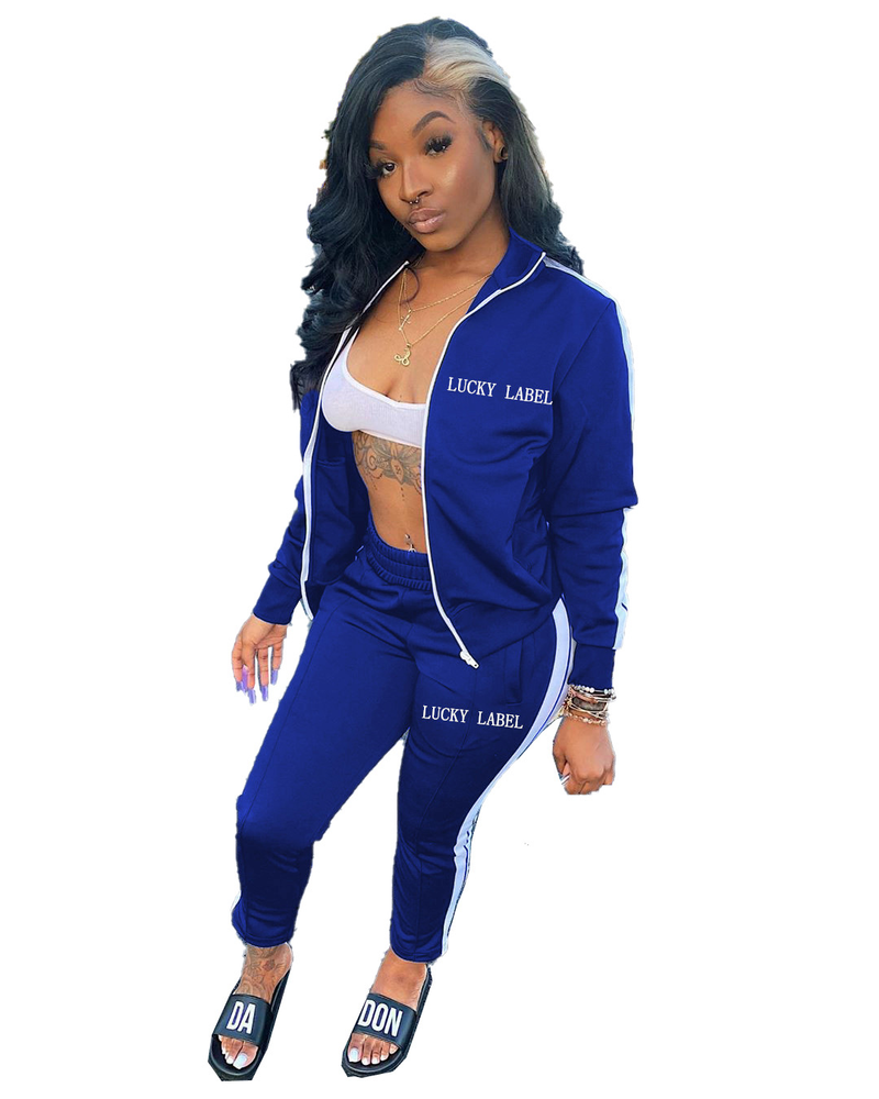 Ensemble deux pièces de sport pour femme LazyZoom XY9055 avec lettres brodées et fermeture éclair_voghion.com