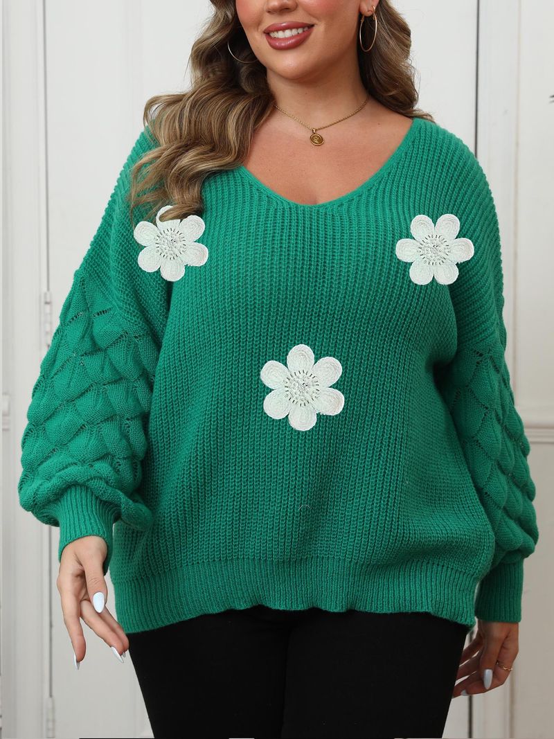 Damenpullover in Übergröße, Ananasärmel, besticktes Blumen-Strickoberteil mit Perlendetails – V-Ausschnitt, lockere Passform, Langarmpullover_voghion.com