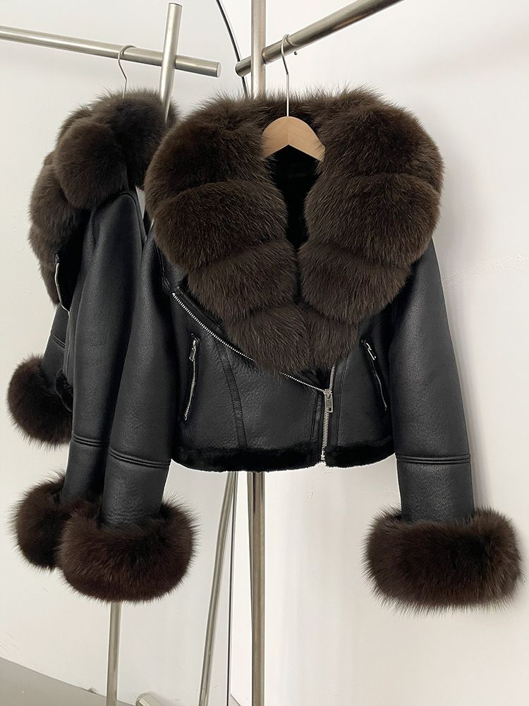 Women's Faux Fur Collar Short Jacket With Leather Trim, Winter Warm Zip-Up Coat, Punk Streetwear Style, Multiple Colors Available_voghion.com