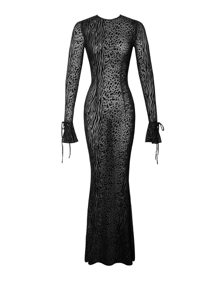 2024 Autumn New Fashion Mesh Sexy Perspective Leopard Pattern Butt Wrapped Open Back Long Dress For Women_voghion.com