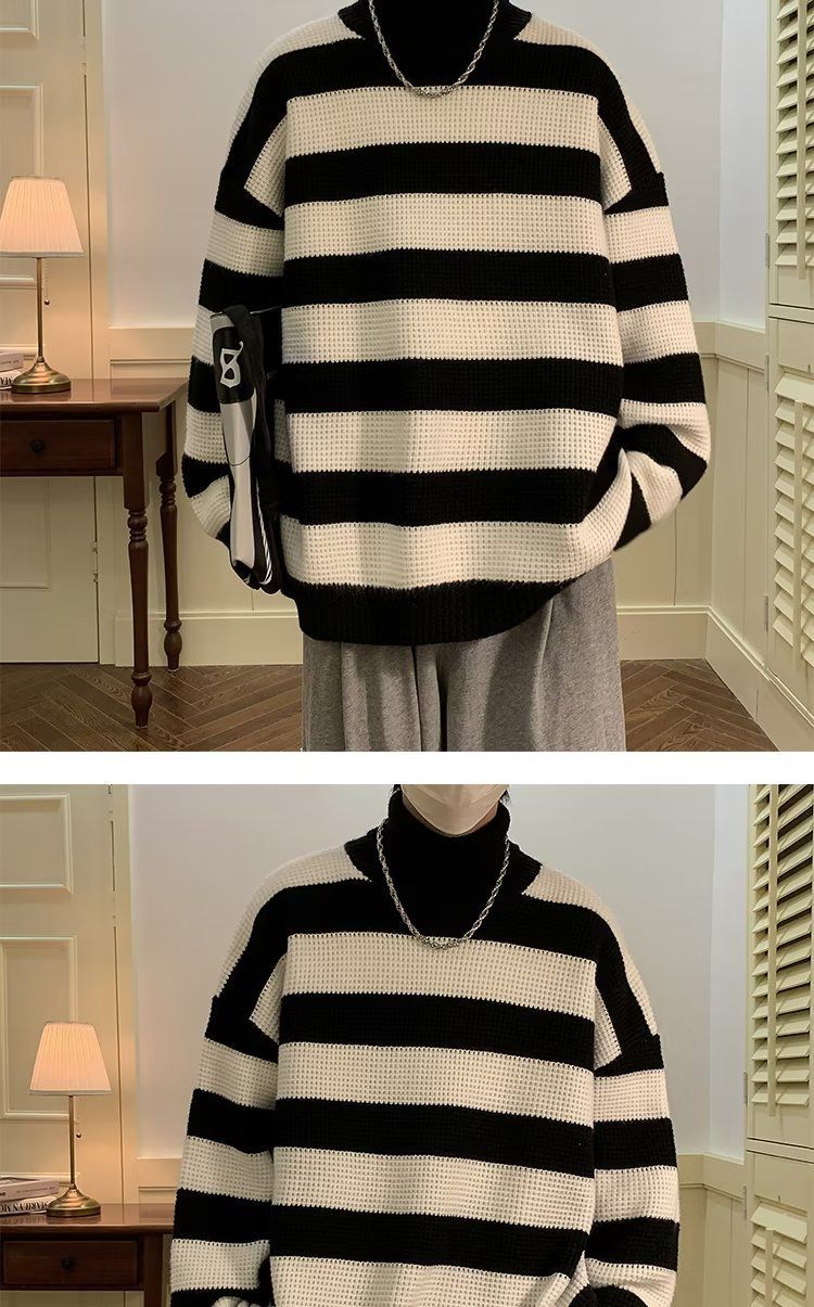 Maglione a collo alto a righe bianche e nere per uomo, stile retrò giapponese, pigro e di alta qualità. Maglione lavorato a maglia con inserti a contrasto_voghion.com