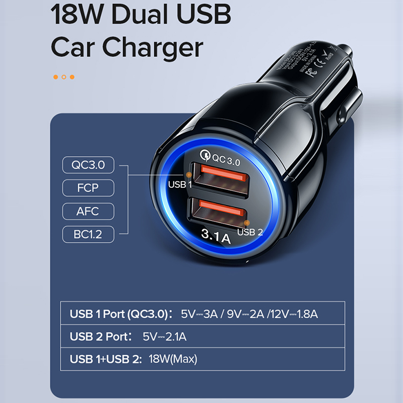 Kettős USB QC 3.0 autós töltő gyors töltés 3.0 telefontöltő autós gyorstöltő 2 portos USB hordozható töltő iPhone Xiaomi Samsung OPPO Vivo készülékekhez_voghion.com