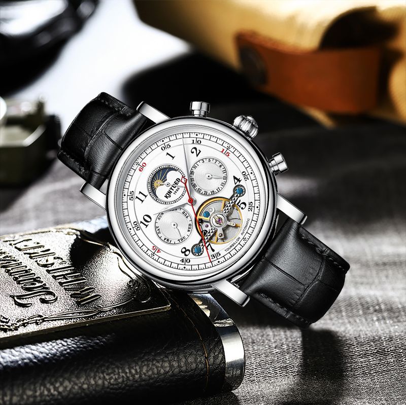 KINYUED Orologi da uomo di lusso, orologio meccanico automatico con fasi lunari, design cavo, cinturino in pelle, orologio da polso da uomo_voghion.com