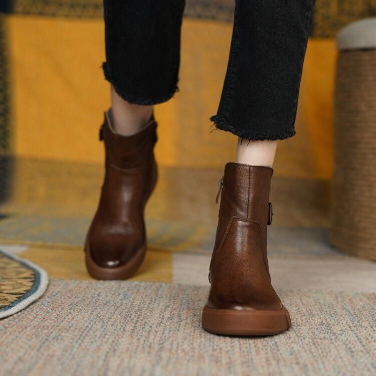 Retro Boots For Women Autumn Winter Women's Shoes Leather Casual Flat Ankle Boots Female Platform Short Boots_voghion.com